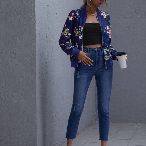 Boho Burgundy Floral  Zipper Light Bomber Jacket - Picture 3 of 5